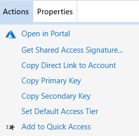 Panneau action dans Microsoft Azure Storage Explorer
